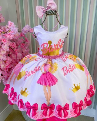 Vestido Princesa Belli Tematico Barbie Pink Babado - Roupa Infantil