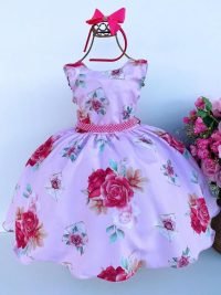Vestido Juvenil Miss Cherry Rosa Florido com Cinto de Perolas