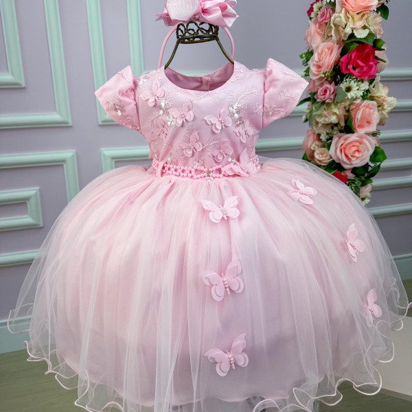 Vestido Infantil Menina Bonita Rosa Borboletas