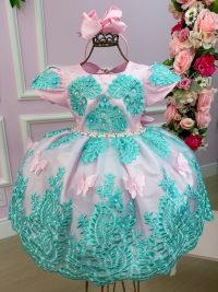 Vestido Marie Jardim Encantado Realeza Rosa Renda Verde Tiffany