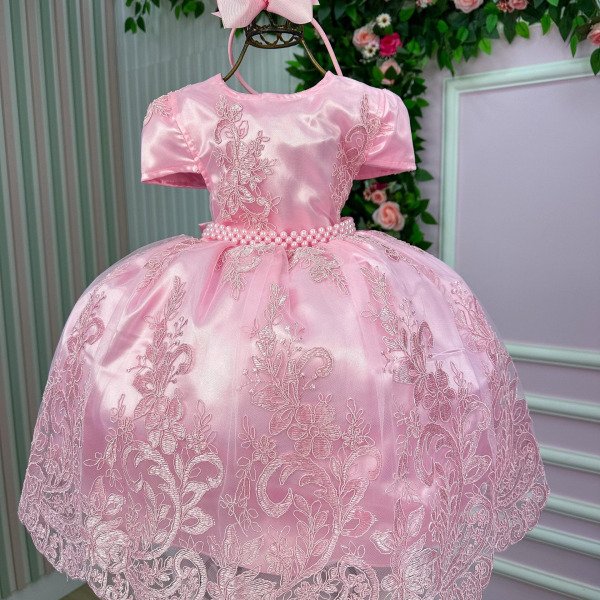 Vestido Infantil Enjoy Bebê Rosa Bebê Realeza Rendado