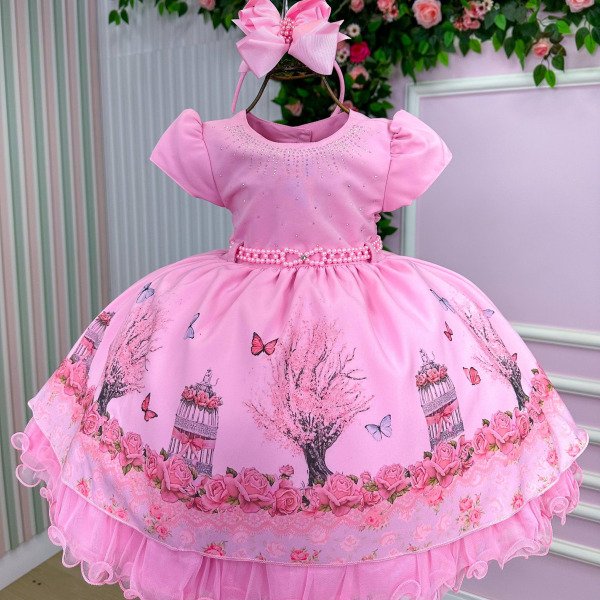Vestido Infantil Menina Bonita Bosque Encantado Rosa