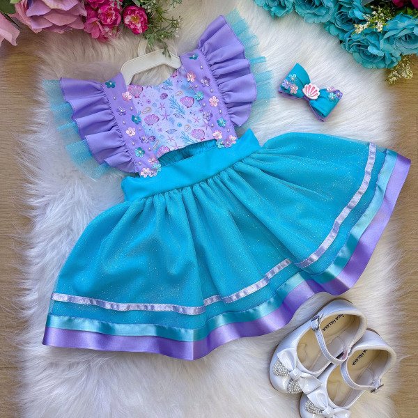 Romper/Vestido Princesa Sereia – Fundo do Mar Lilas e Tiffany