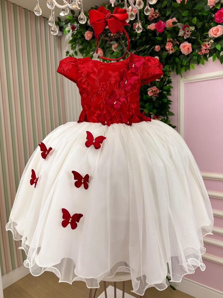 Vestido Juvenil – Midi Vila Lele Sabrina Vermelho e Off