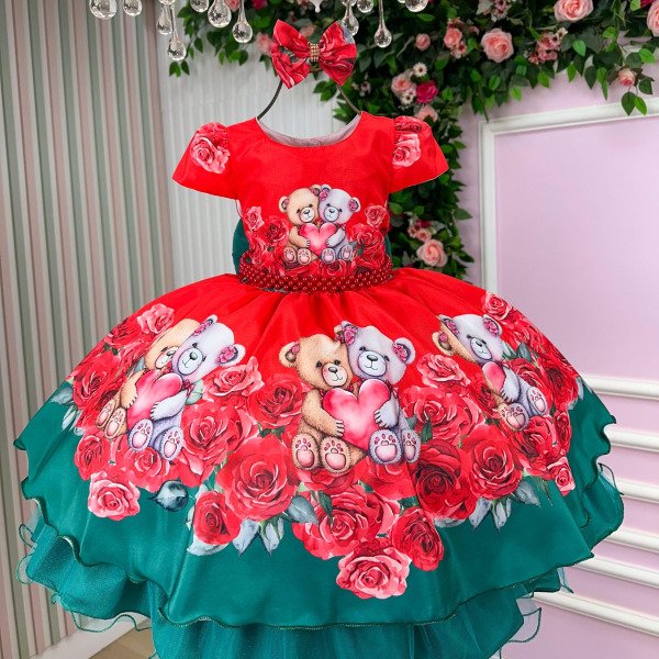 Vestido Mimadine Mary Natal Ursinhos Vermelho