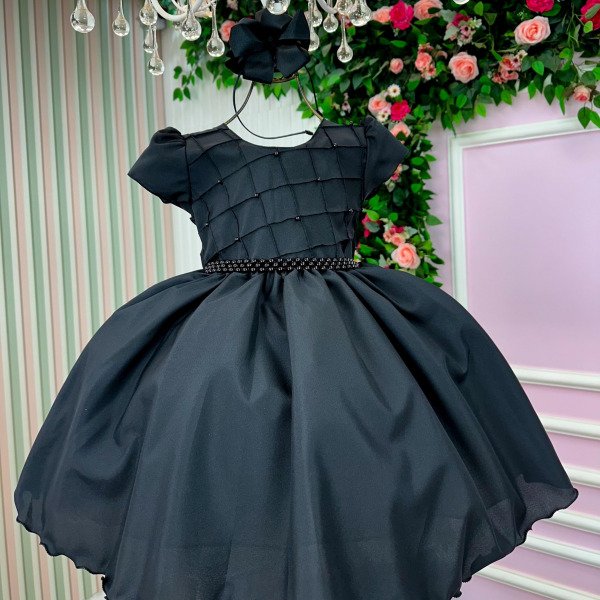 Vestido Ysa Kids Preto Peito Perolas