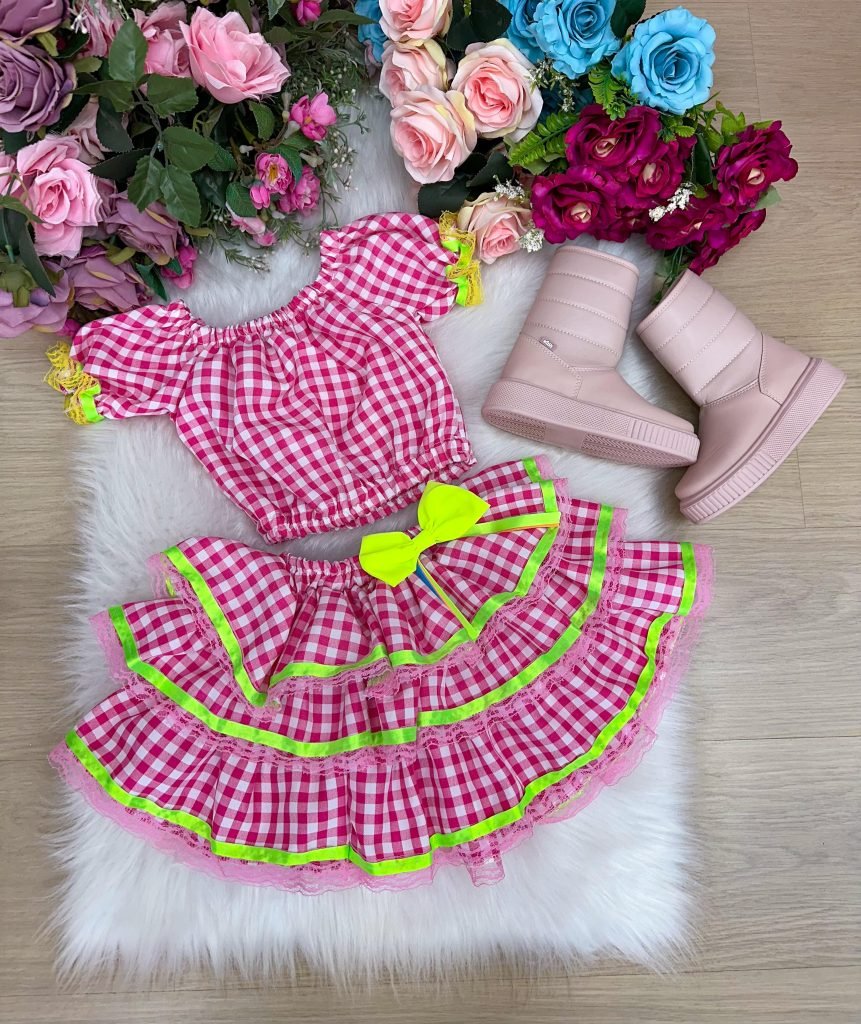 Conjunto Junino Banana Club Luxo Sofia Xadrez Rosa