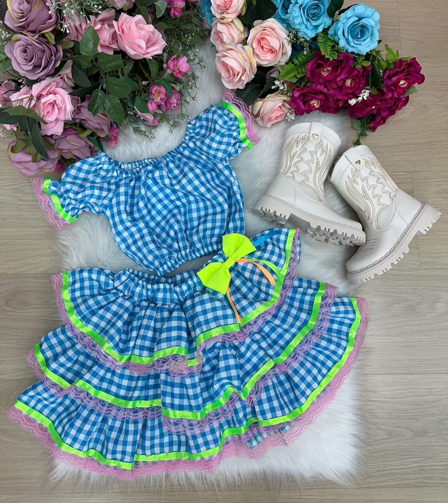 Conjunto Junino Banana Club Luxo Sofia Xadrez Azul