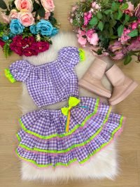 Conjunto Junino Banana Club Luxo Sofia Xadrez Lilas