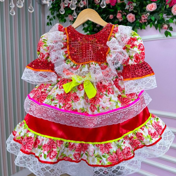 Vestido Junino Bell Luxo Arraia do Brilho Vermelho