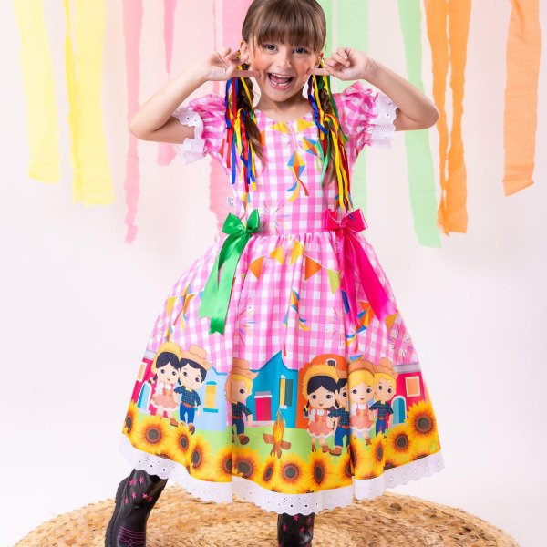 Vestido Marie Junino Luxo Arraia Do Sorriso Rosa