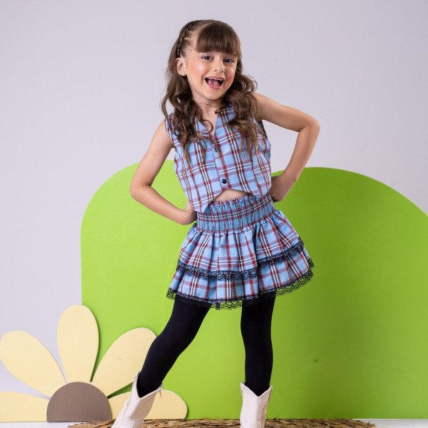 Conjunto Junino Miss Cherry Melissa Xadrez Azul Bebe