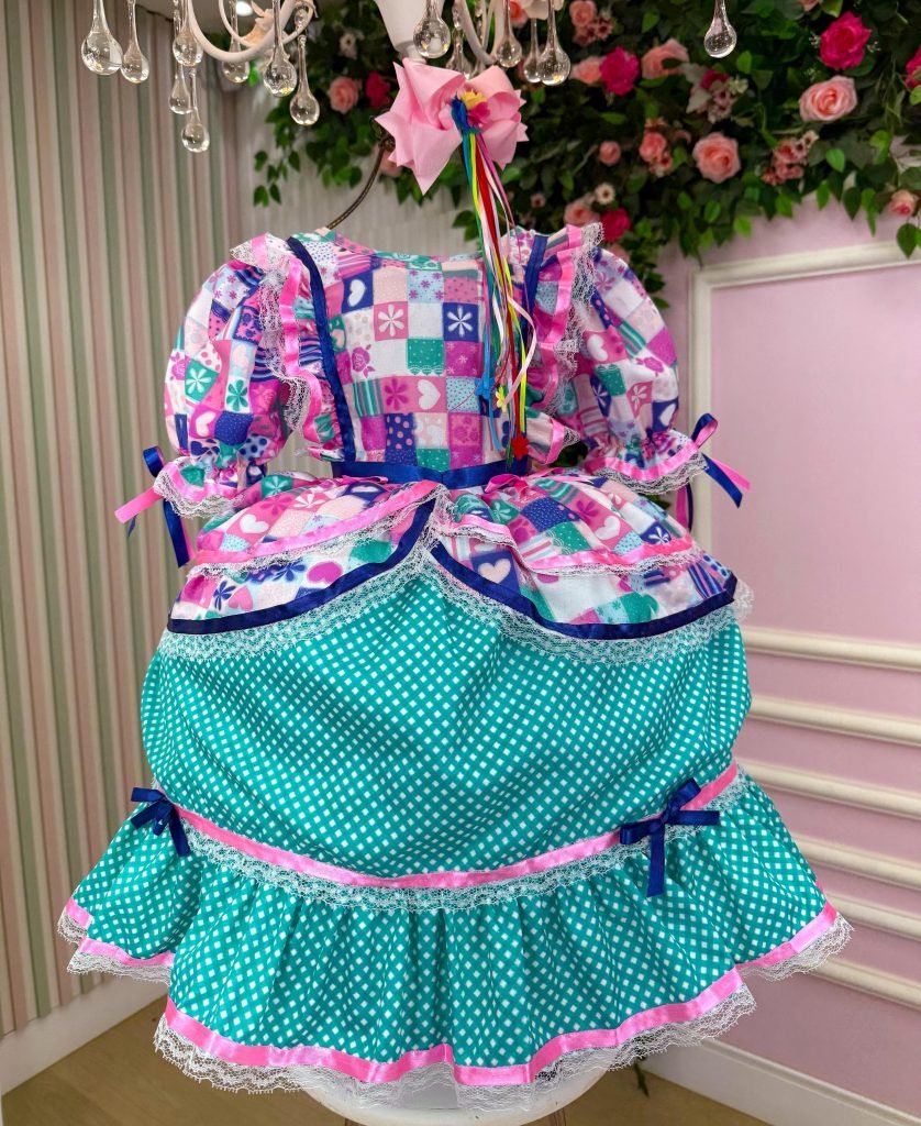Vestido Bella Child Junino Celebração Caipira Verde Tiffany