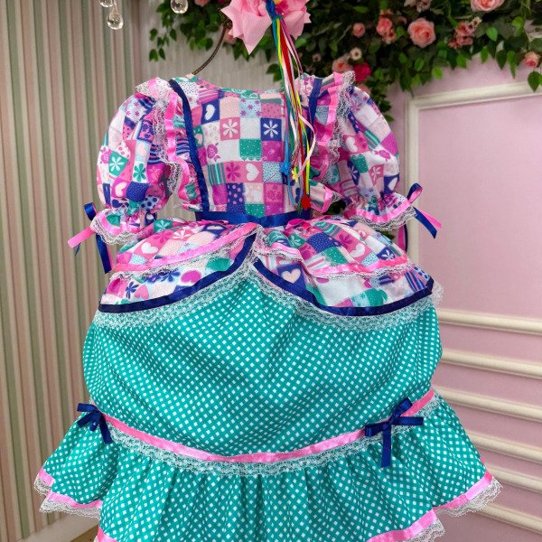 Vestido Bella Child Junino Celebração Caipira Verde Tiffany