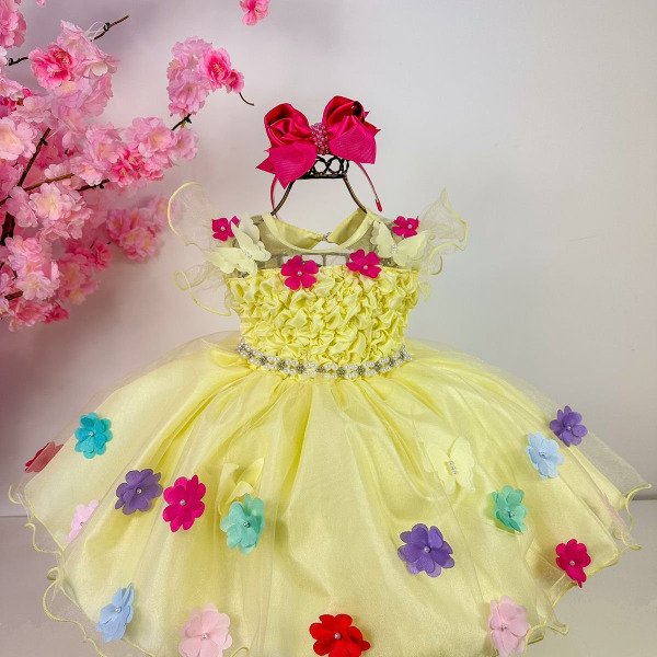 Vestido Princesa Belli Bia Jardim Encantado Amarelo