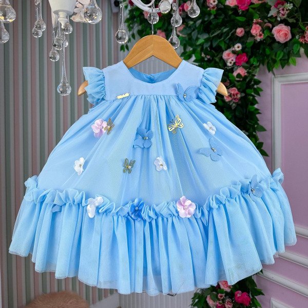 Vestido Vila Lele Jardim das Borboletas Baby Liz Azul Bebe