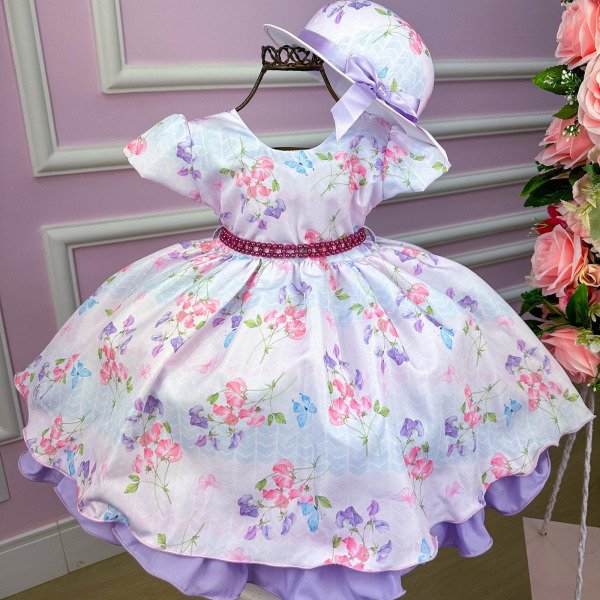 Vestido Miss Cherry Chapeu Lilas Flores e Borboletas