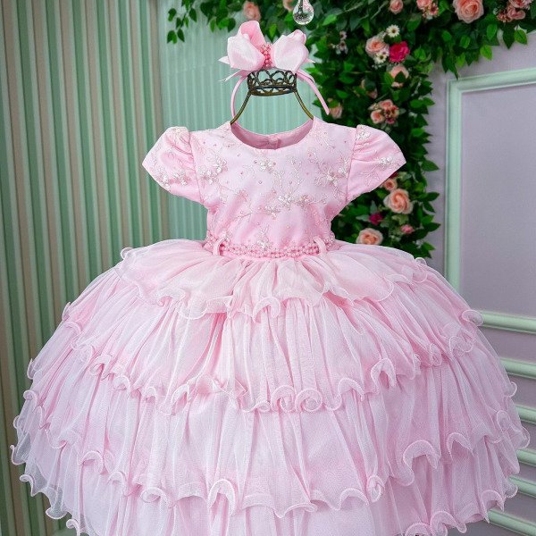 Vestido Infantil Menina Bonita 4 Saias Rosa Bebe