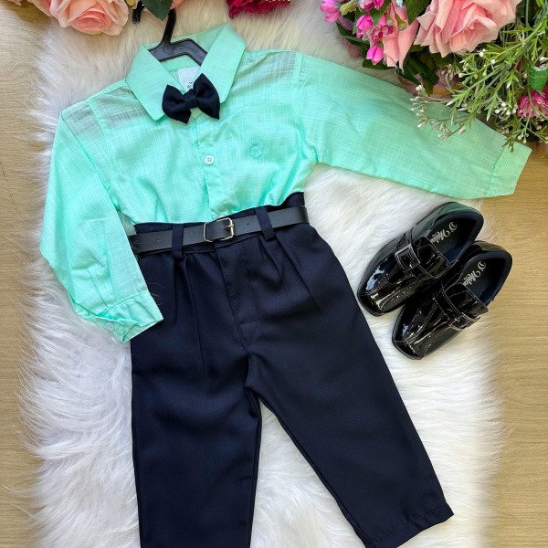 Conjunto Masculino Miss Cherry Social Verde Linho Com Calça Preta Henrique