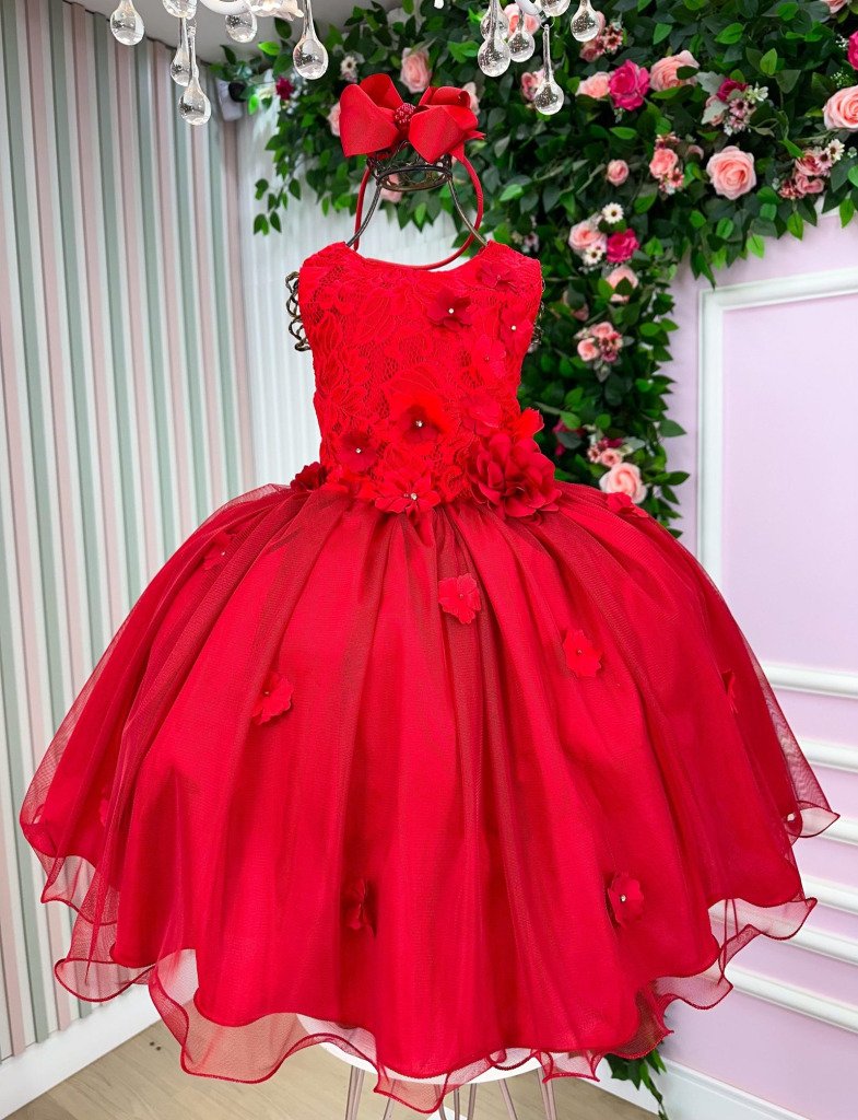 Vestido Juvenil Vila Lele Regata Flores Vermelho