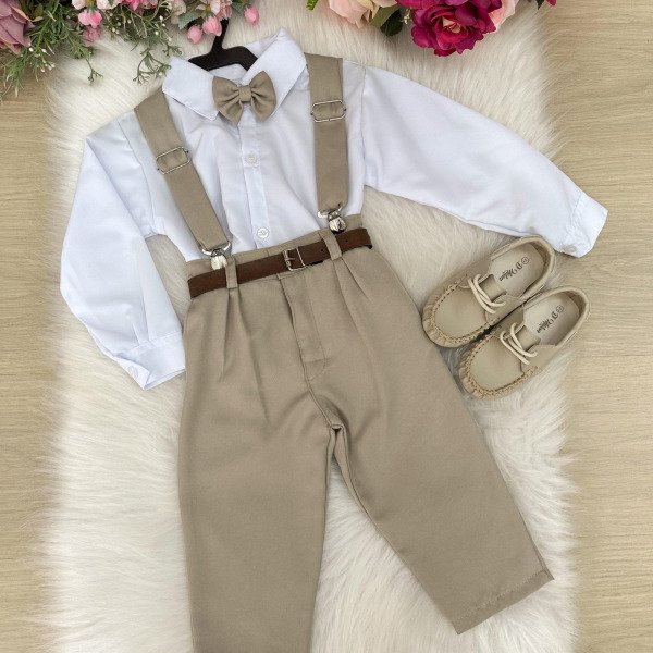 Conjunto Meninos Miss Cherry Leo Suspensorio Bege