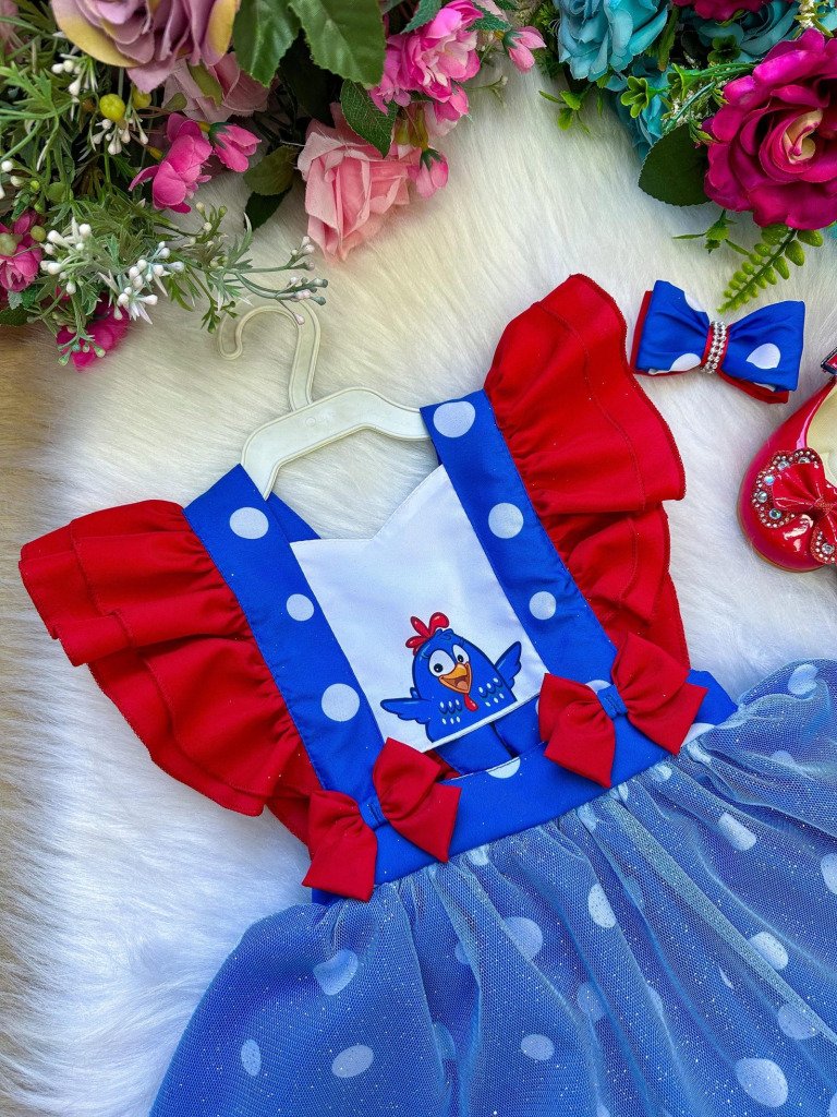 Romper/Vestido Princesa Belli Galinha Pintadinha Azul e Verm