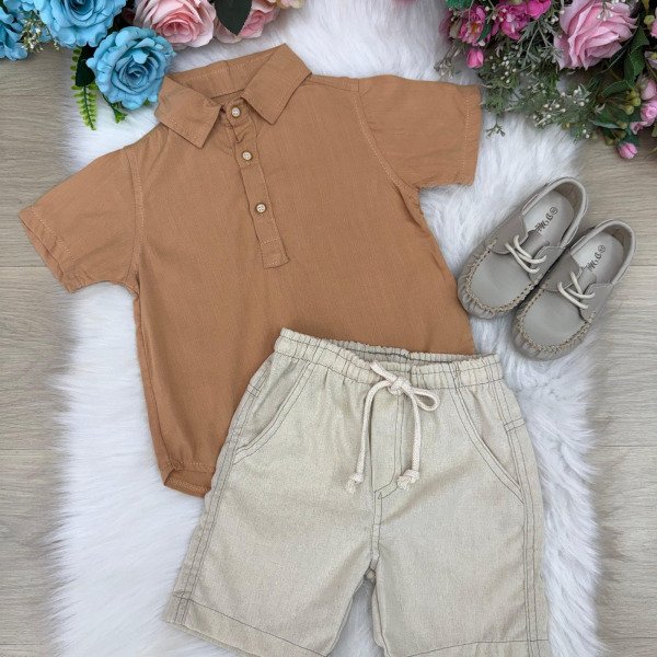 Conjunto Meninos Lucas Banana Club Shorts Camisa Marrom