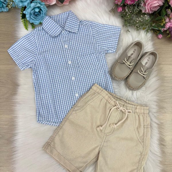 Conjunto Meninos Lucas Banana Club Shorts Camisa Azul Listrada