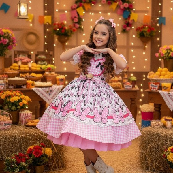Vestido Junino Tematico Luxo Minnie/Minei Rosa