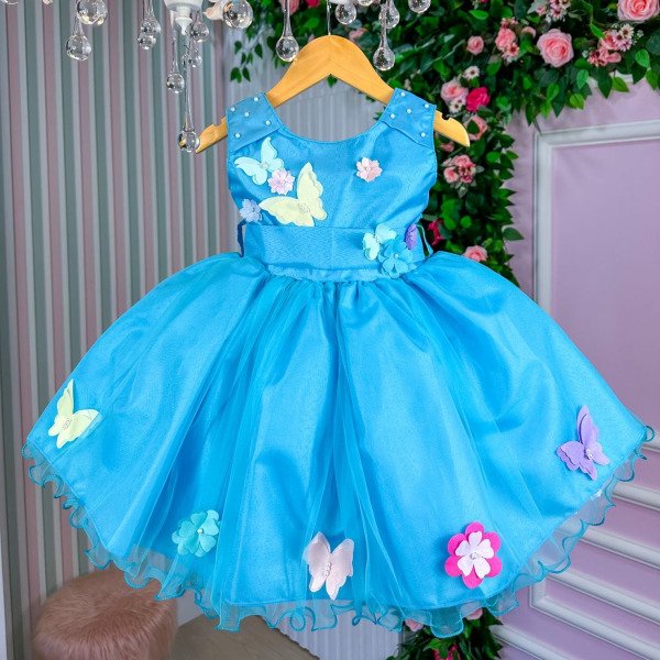 Vestido Princesa Belli Anabel Jardim Encantado Azul Turquesa