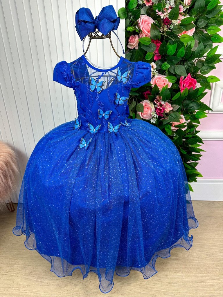 Vestido Vila Lele Longo Jardim Encantado Borboletas Azul Roy