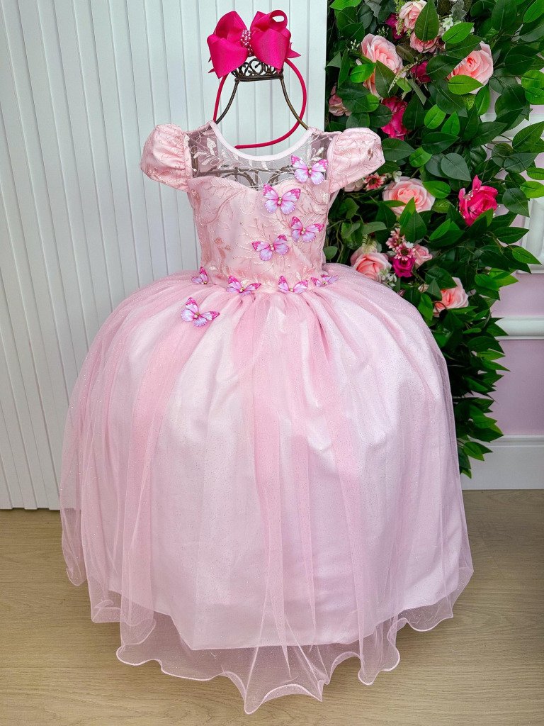Vestido Vila Lele Longo Jardim Encantado Borboletas Rosa Beb