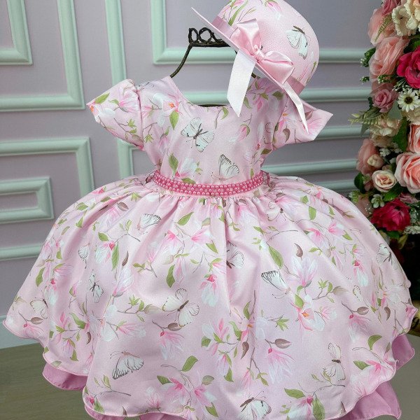 Vestido Miss Cherry Chapeu Rosa Flores e Borboletas