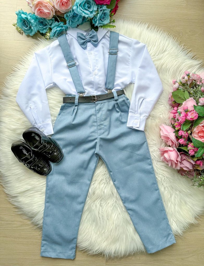 Conjunto Meninos Miss Cherry Leo Suspensorio Azul Serenity