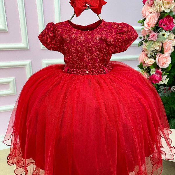 Vestido Menina Bonita Vermelho Peito Renda Flores