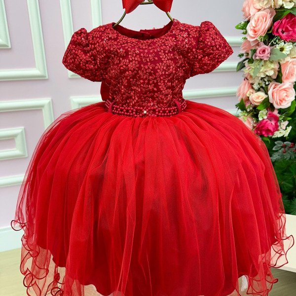Vestido Menina Bonita Vermelho Peito Rendado Florzinha