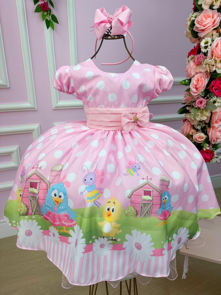 Vestido Infantil Temáticos da Gigi Galinha Pintadinha Rosa