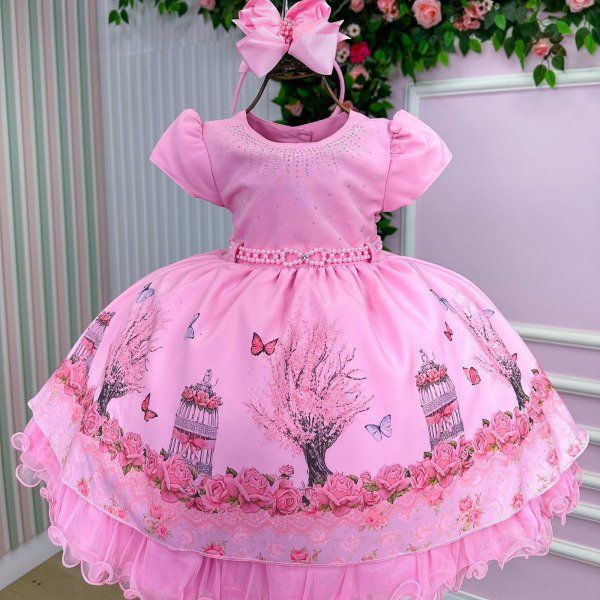 Vestido Infantil Menina Bonita Bosque Encantado Rosa