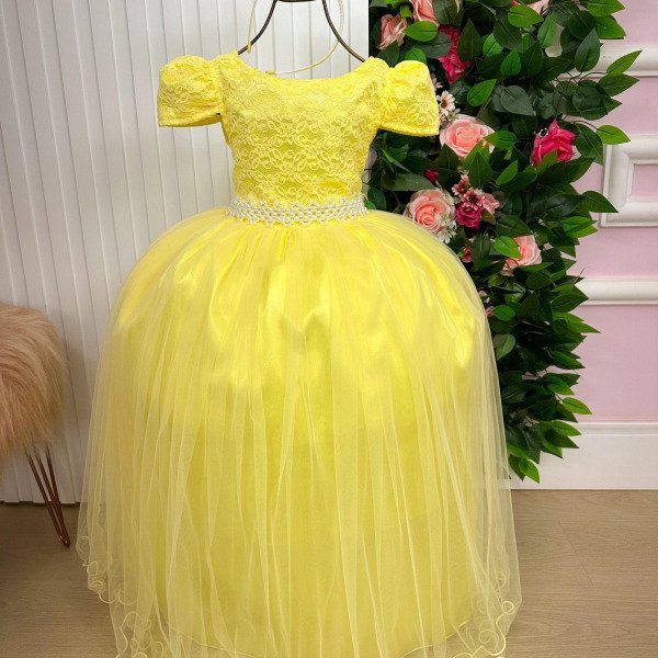 Vestido Enjoy Longo Laura Amarelo Rendado