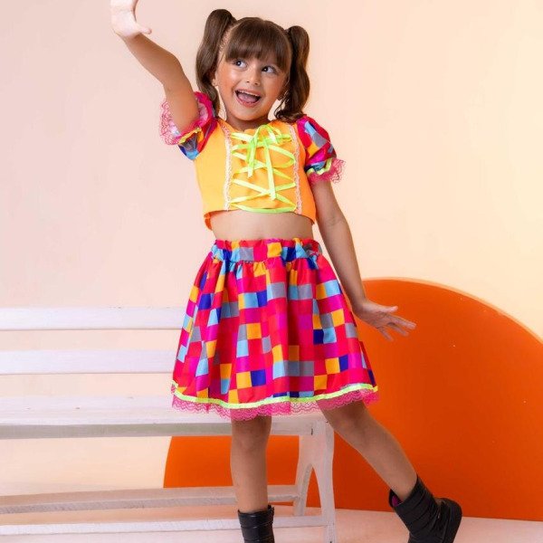 Conjunto Junino Banana Club Luxo Manu Laranja Neon