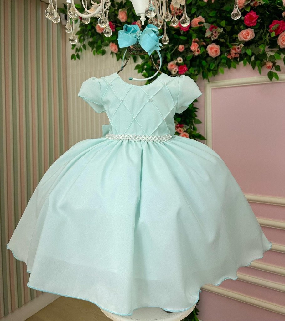 Vestido Ysa Kids Verde Claro Peito Perolas
