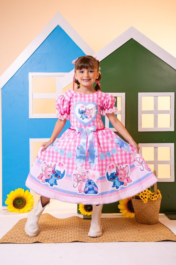 Vestido Junino Tematico Luxo Lilo Stitch Rosa Bebe