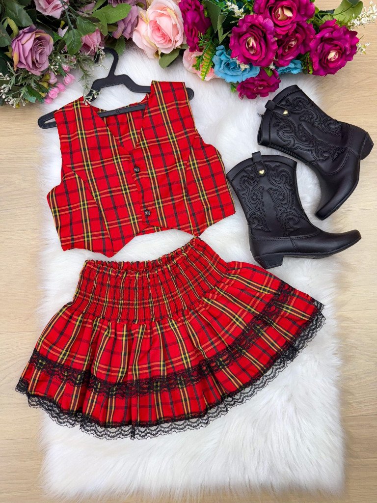Conjunto Junino Miss Cherry Melissa Xadrez Vermelho