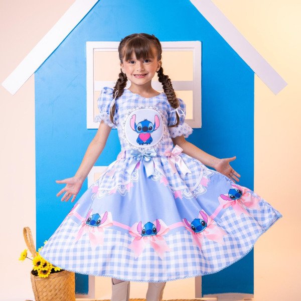 Vestido Junino Tematico Luxo Lilo Stitch Azul Bebe