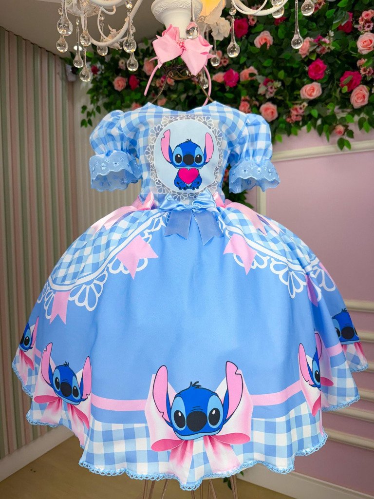 Vestido Junino Tematico Luxo Lilo Stitch Azul Bebe Modelo 2
