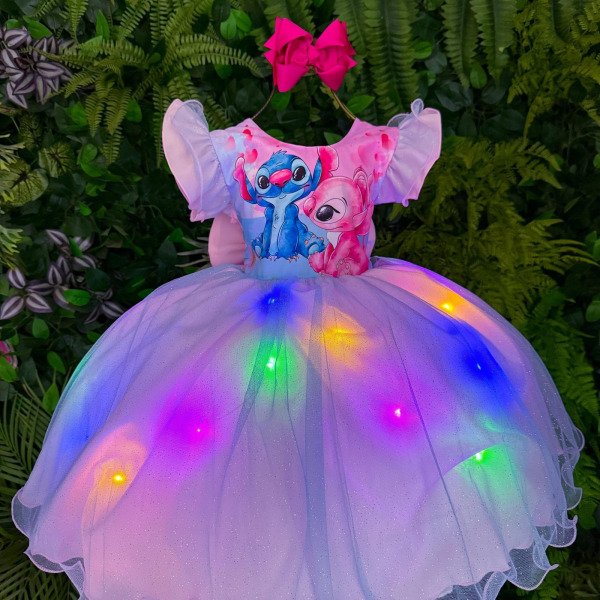Vestido Tematicos Ysa Kids Lilo Stitch Rosa Bebe com Led
