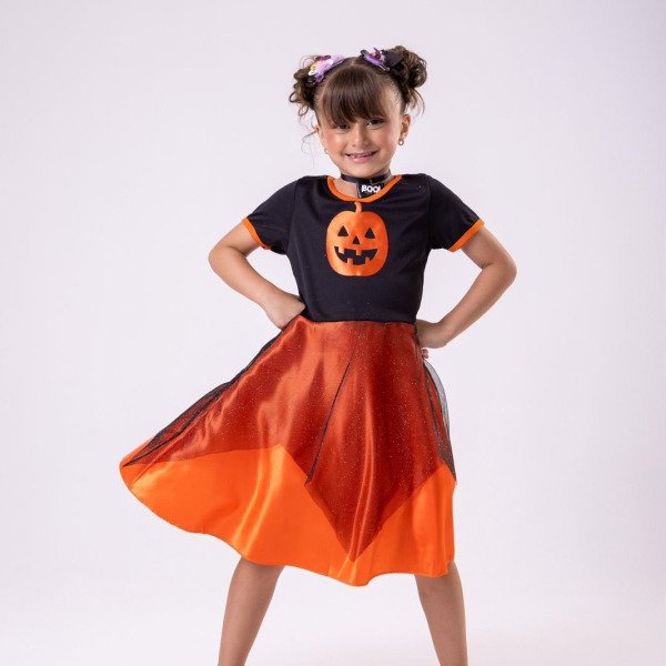 Fantasia Halloween Menina Bruxinha Abóbora Laranja