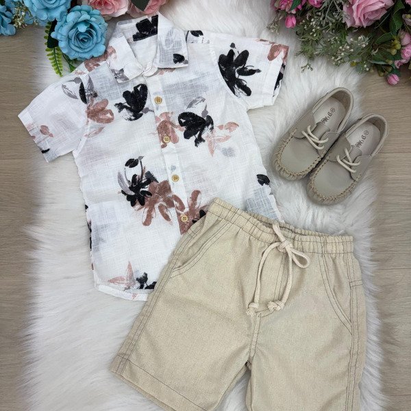 Conjunto Meninos Lucas Banana Club Shorts Linho Camisa Off F