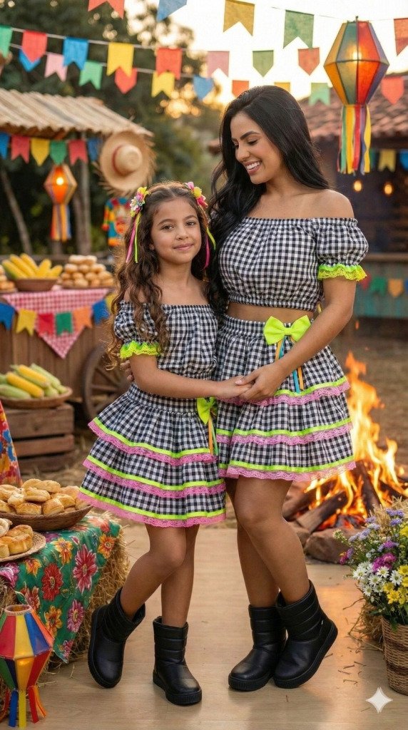 Conjunto Junino Banana Club Luxo Sofia Xadrez Preto Mãe e Filha