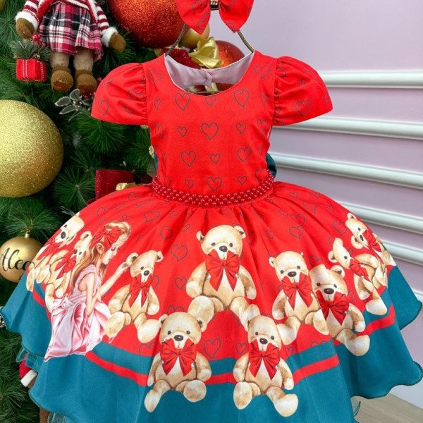 Vestido Mimadine Ursinho Menininha Vermelho Natal